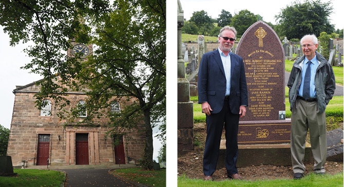 The Galston Parish Church and Stirling Ultracold’s Neill Lane (left) and David Berchowitz (right) at the Robert Stirling monument in Galson Scotland.