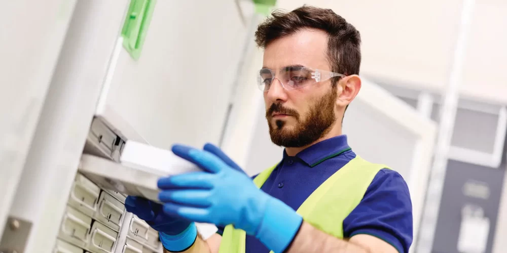 worker placing a tray in the freezer